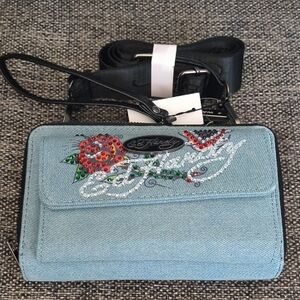 Ed Hardy Blue Crossbody Bag with Floral Embroidery